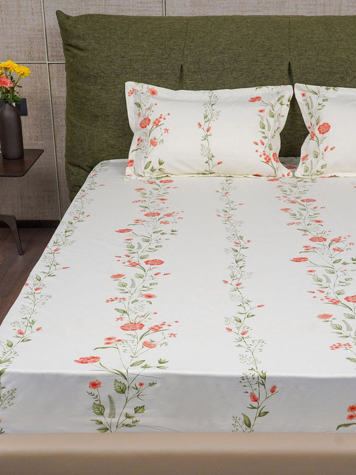 URBAN SPACE Peach-Coloured & White 200 TC Cotton Queen Bedsheet Set 1.27 m x 1.98 m