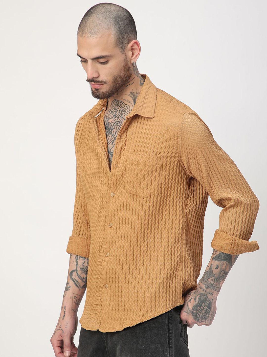 VASTRADO Men Classic Fit Spread Collar Textured Casual Shirt