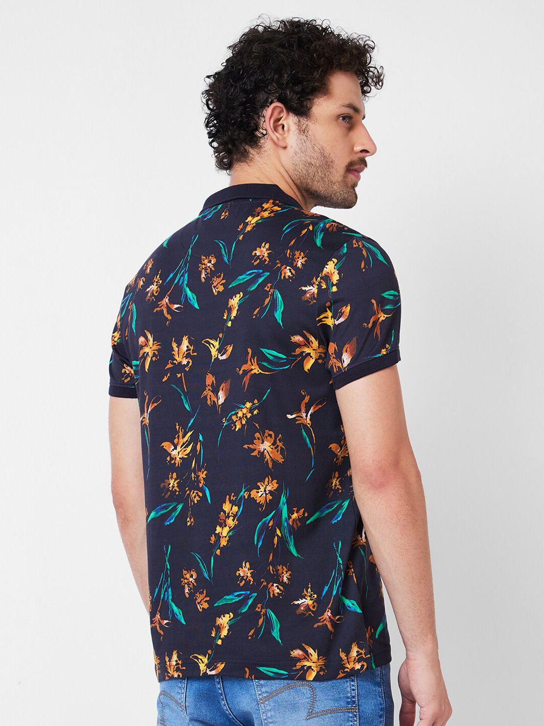 SPYKAR Floral Printed Polo Collar Tropical Pure Cotton Slim Fit T-shirt