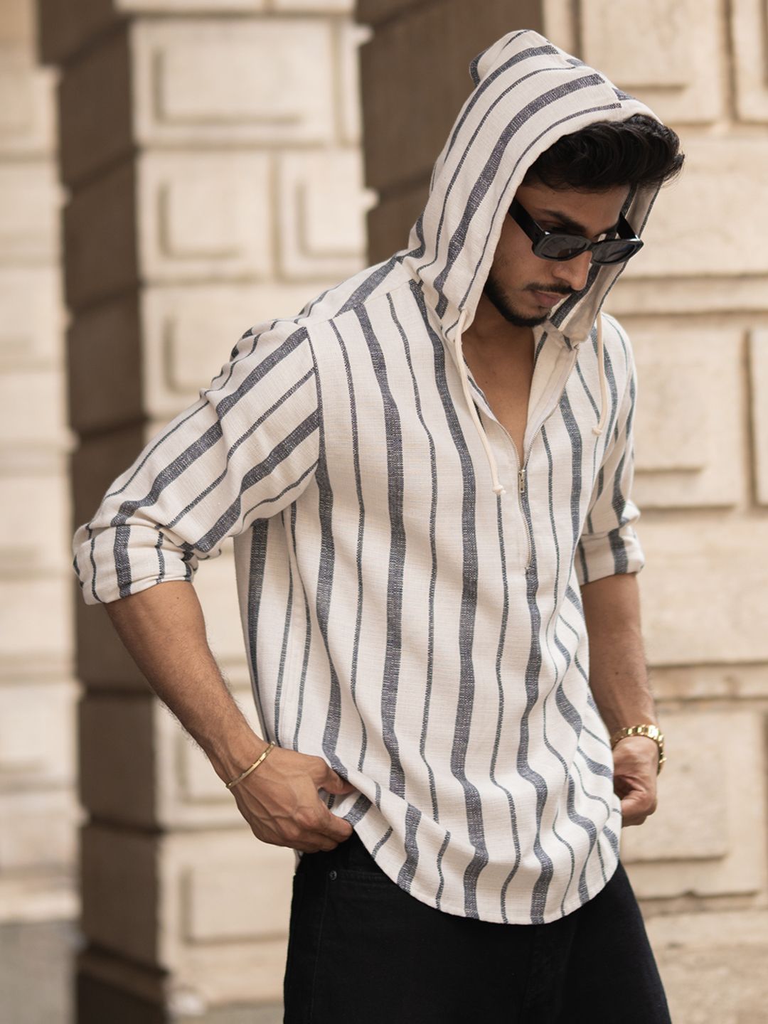 Powerlook Men Vertical Striped Hooded Casual Shirt