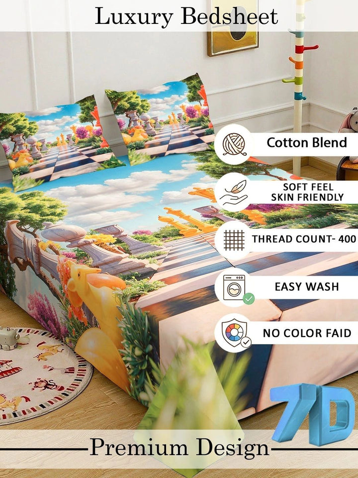 Myntra Elegant Homes Watak Kartun Biru & Hijau Turquoise 400 TC Cadar Tempat Tidur King dengan 2 Sarung Bantal