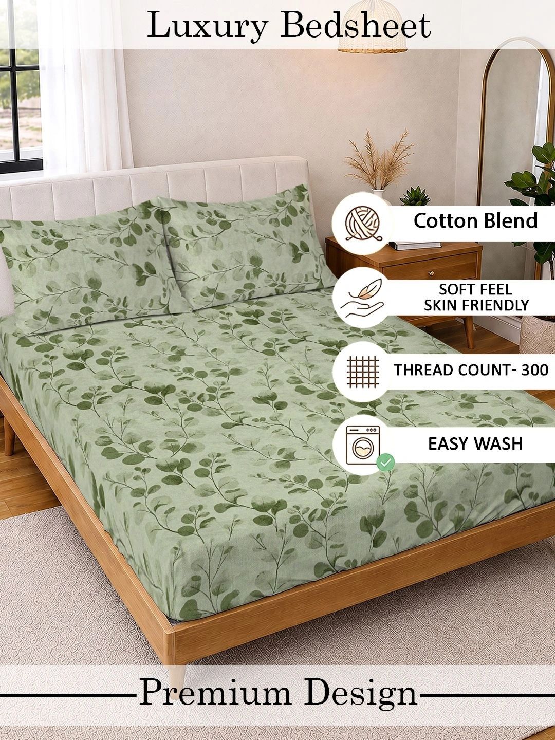KLOTTHE Green Floral 300 TC Cadar King dengan 2 Sarung Bantal