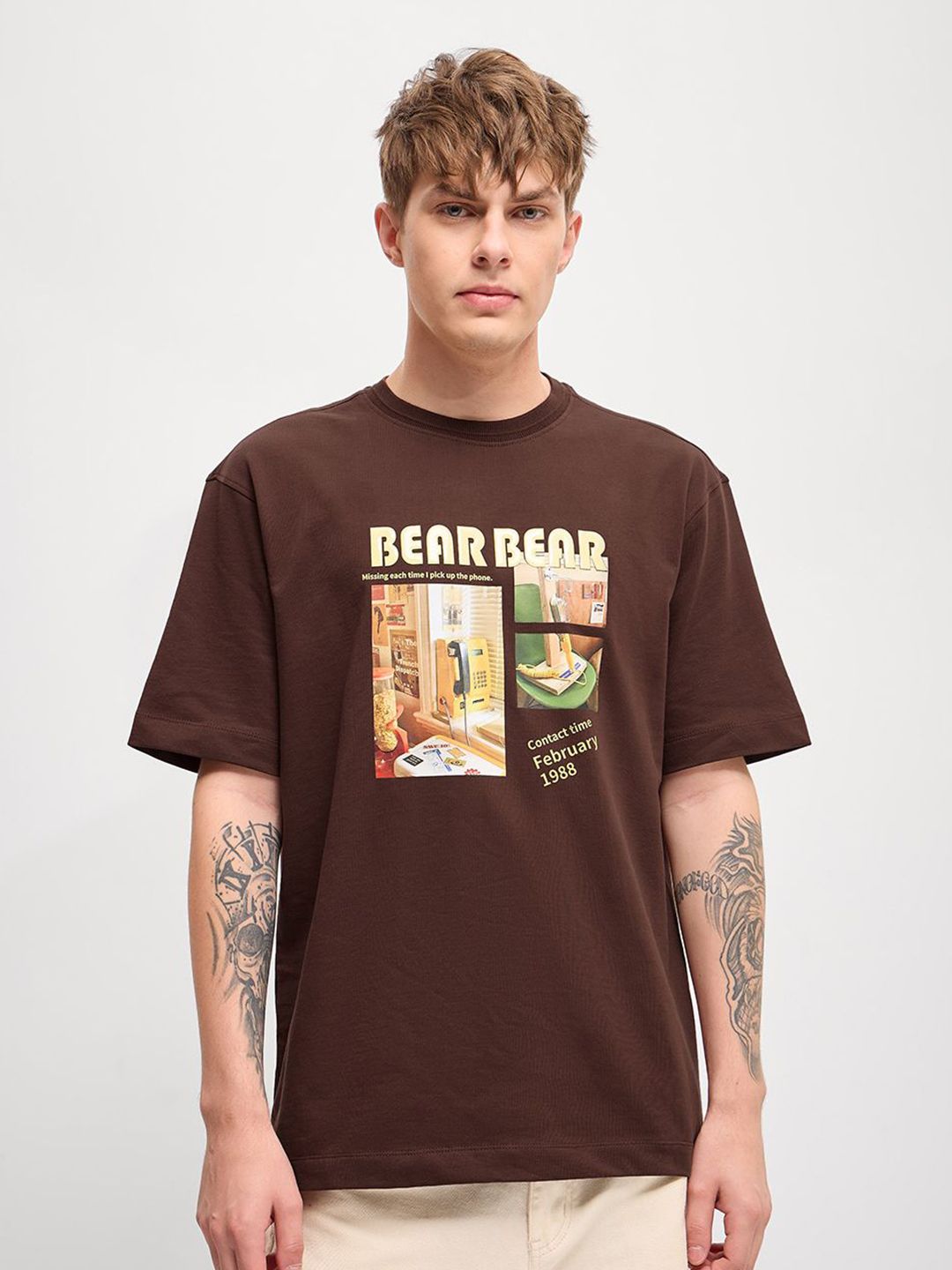 THE BEAR HOUSE Men Graphic Printed Round Neck Pure Cotton Oversized T-shirt