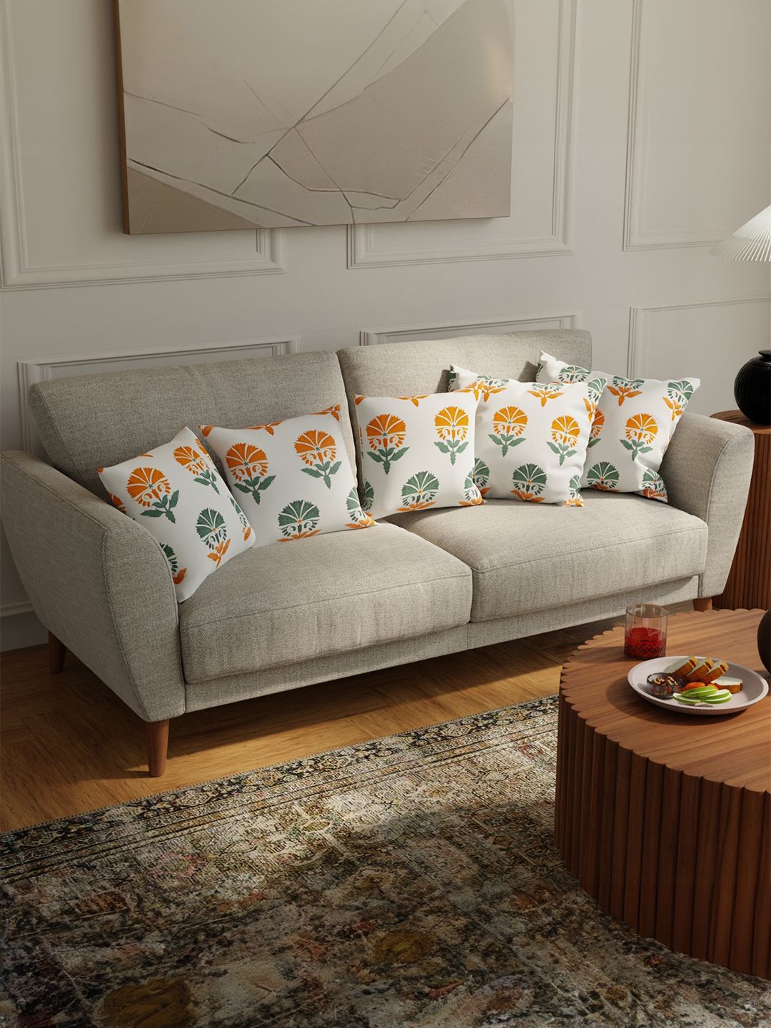 URBAN SPACE White & Orange 5 Pieces Floral Printed Cotton Square Cushion Covers