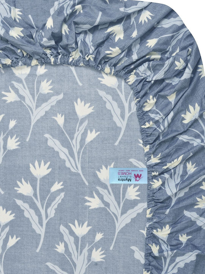 Myntra Elegant Homes Biru & Putih Bunga-bunga 300 TC Set Cadar Double King-2.5mX2.25m