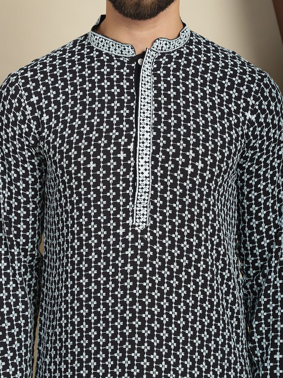 Anouk Geometrik Benang Sulam Kerja Kapas Kurta Lurus