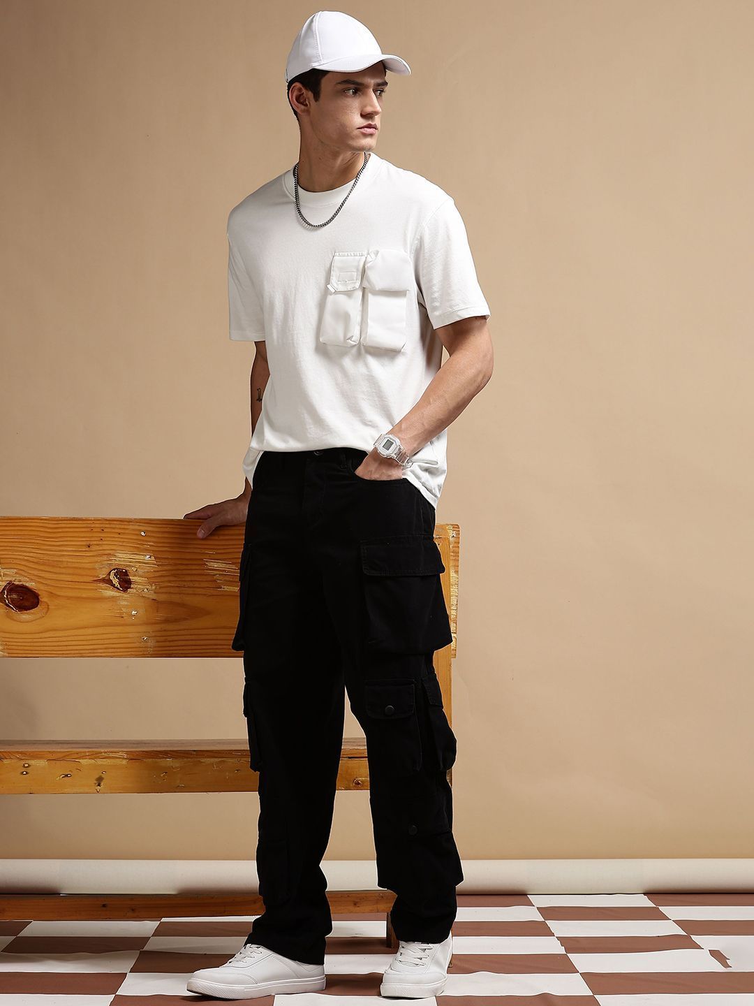 Eszett Men Black High-Rise Baggy Seluar Mudah Dicuci Cargos