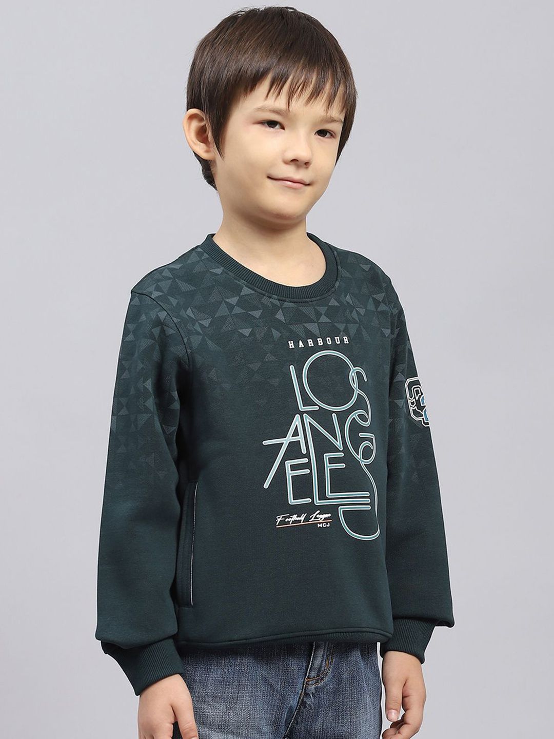 Monte Carlo  Boys Cotton Green Printed Round Neck Full Sleeves Pullover Sweatshirt