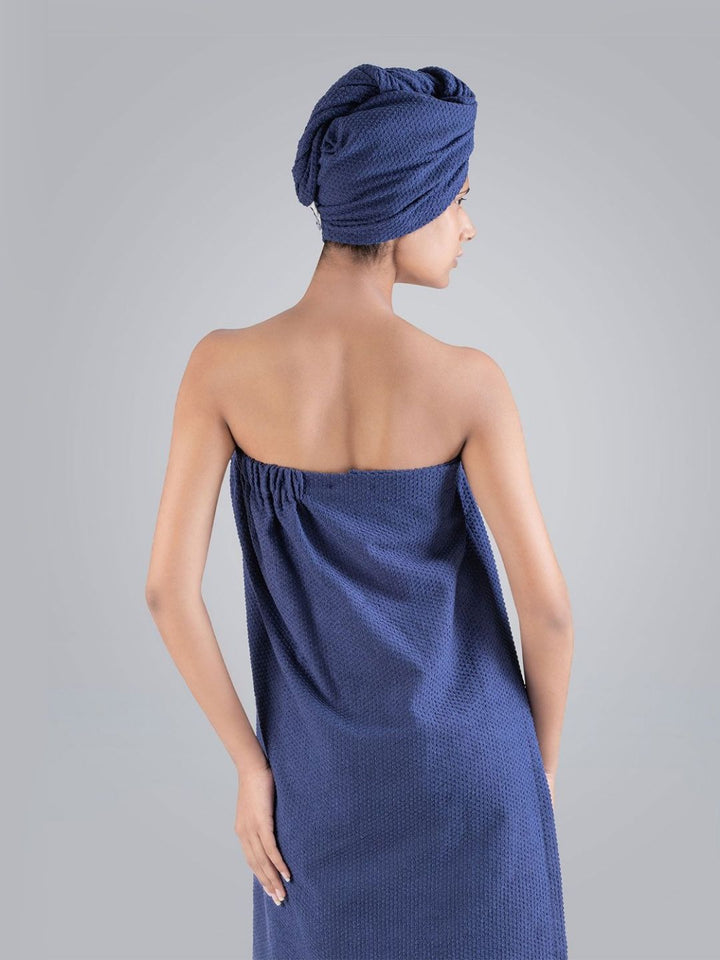 MYTRIDENT Blue Cotton Bath Robe With HeadWrap