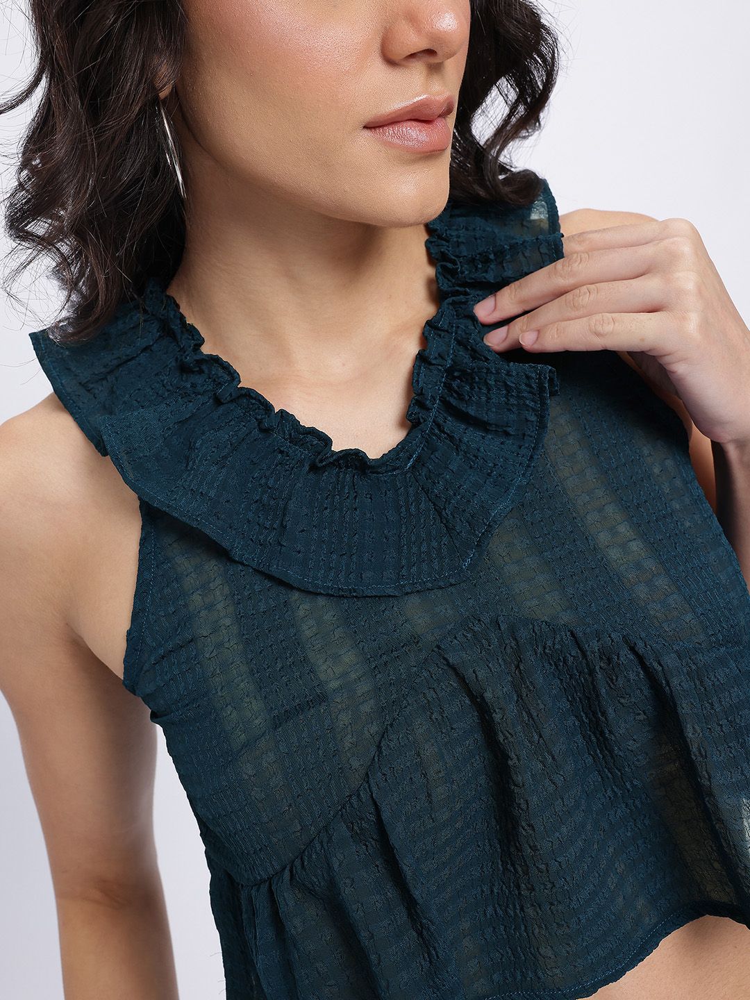 DressBerry Semi Sheer Ruffled Seersucker Empire Crop Top
