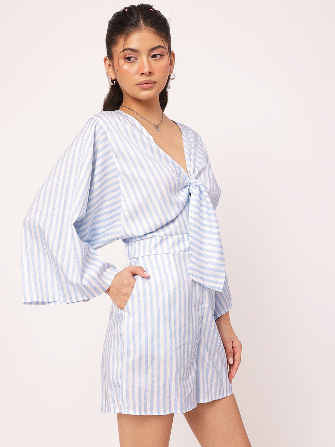 DressBerry Sassy & Stylish Tie-Up Striped Flared Sleeves Playsuit