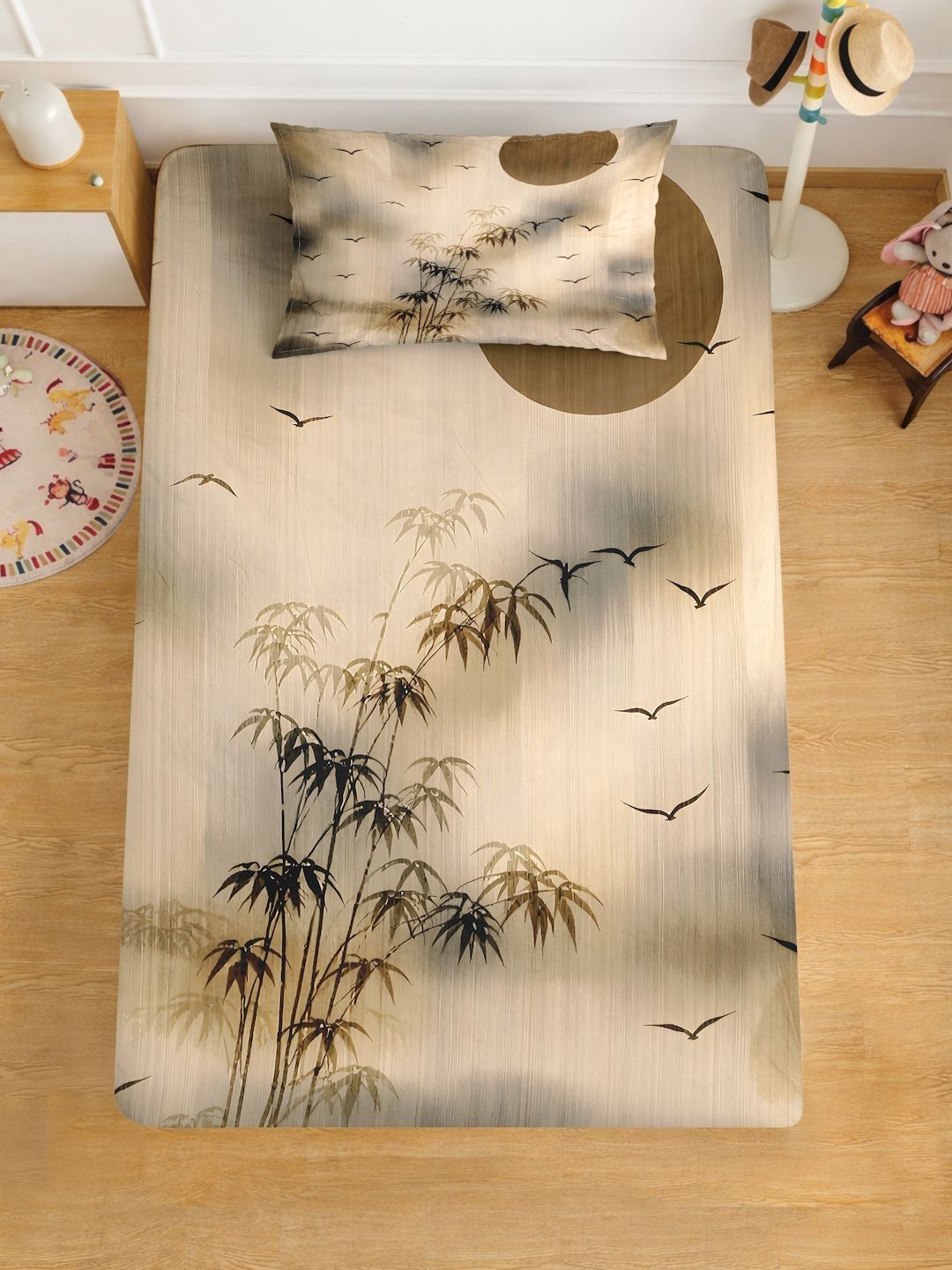 Myntra Elegant Beige Floral Printed Dilengkapi 400 TC Single Cadar 7D dengan 1 Sarung Bantal