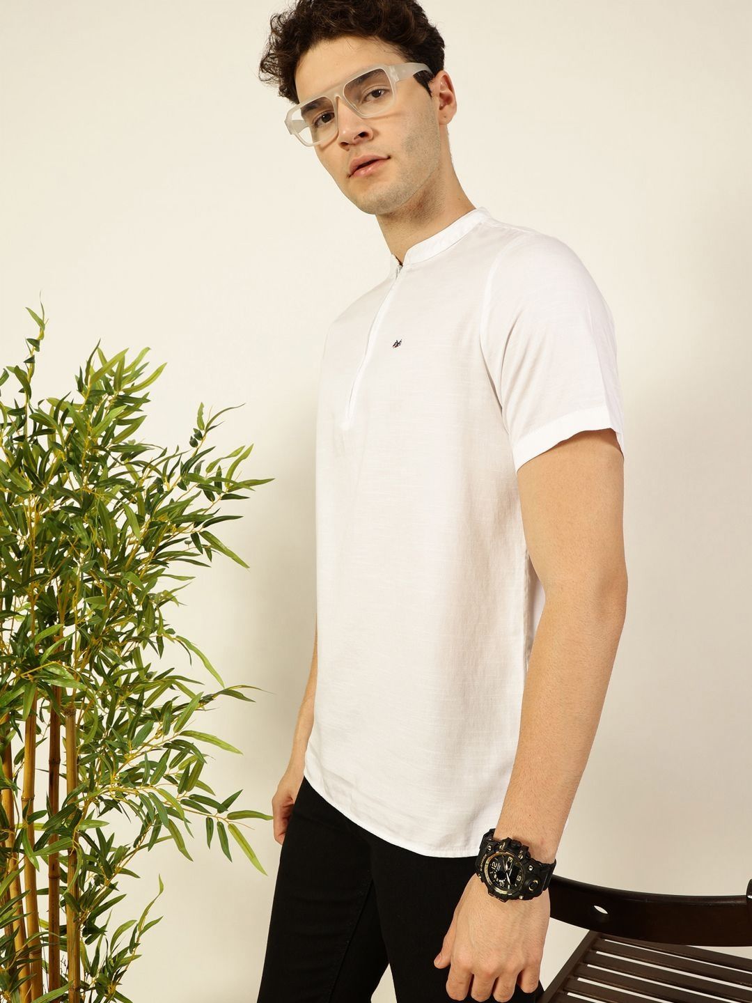 Thomas Scott Men Solid Mandarin Collar Cotton T-Shirt
