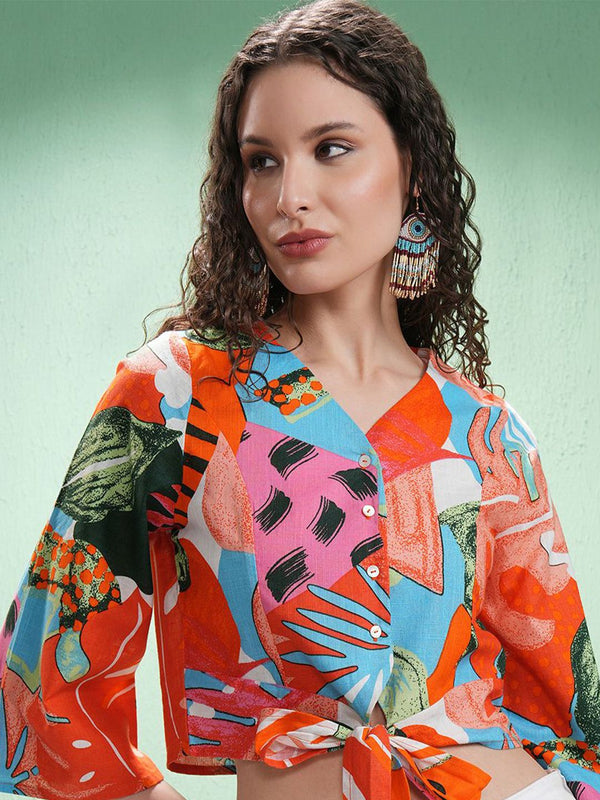 Vishudh Print Flared Sleeve Cotton Crop Top