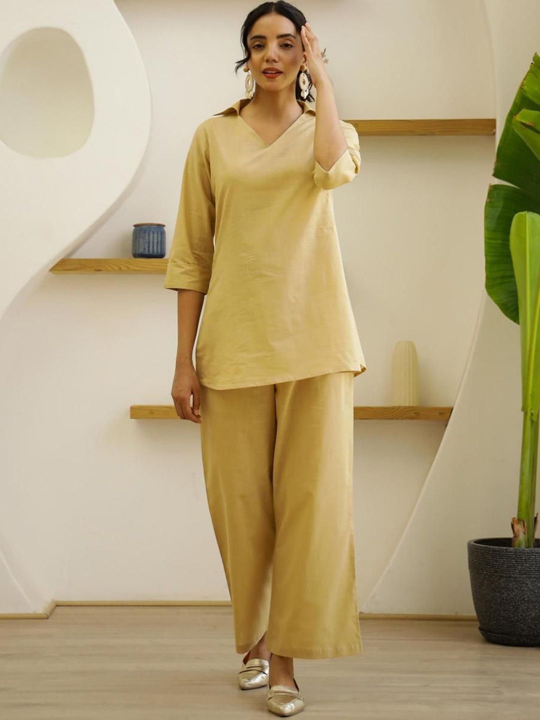 Mamicha Women Printed Shirt Collar Cotton Tunic and Trousers Co-Ords