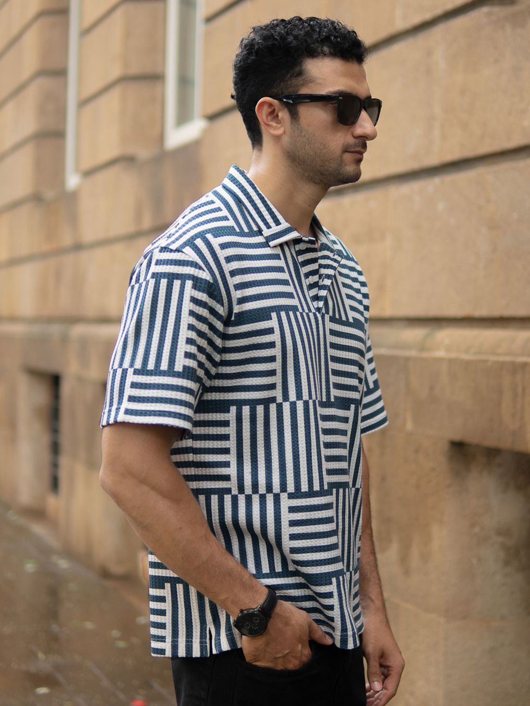 Powerlook SS25 Oversized Geometric Printed Polo Collar Drop-Shoulder Sleeves T-Shirt