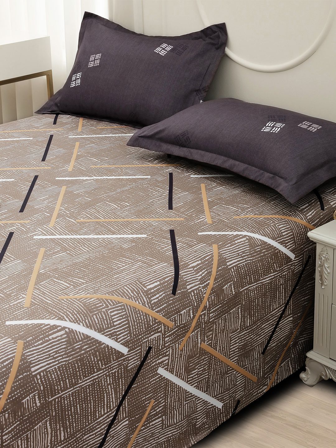 Story@home Coffee Brown Abstract Printed 240 TC Satin Finish Queen Bedsheet Set