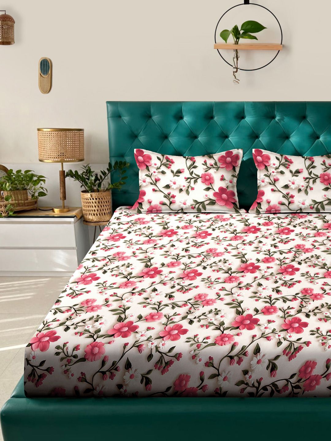 KLOTTHE Cream & Pink Floral Printed Dilengkapi 300 TC King 7D Cadar Dengan 2 Sarung Bantal