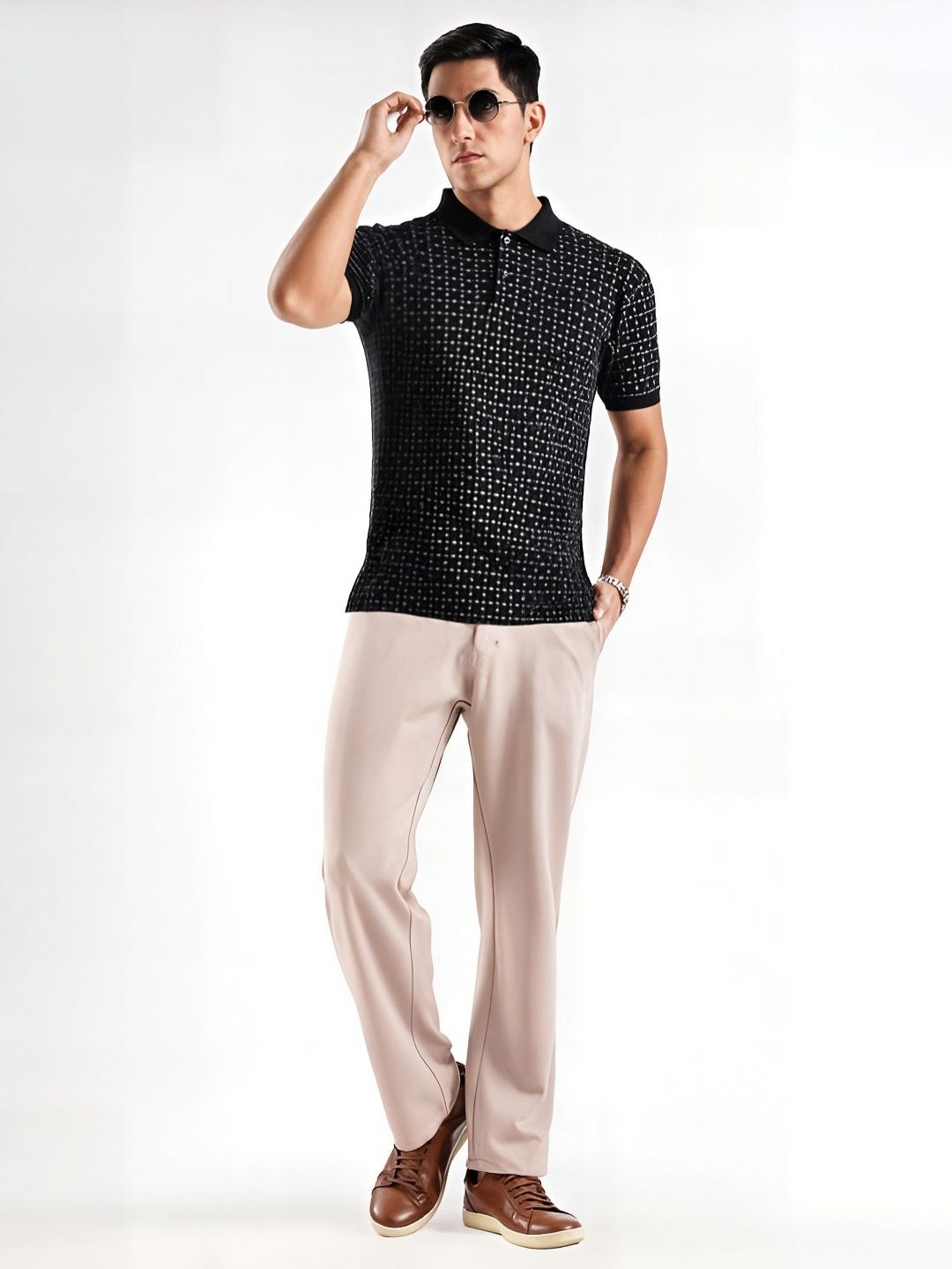 ADRO Geometric Printed Polo Collar Cotton T-shirt