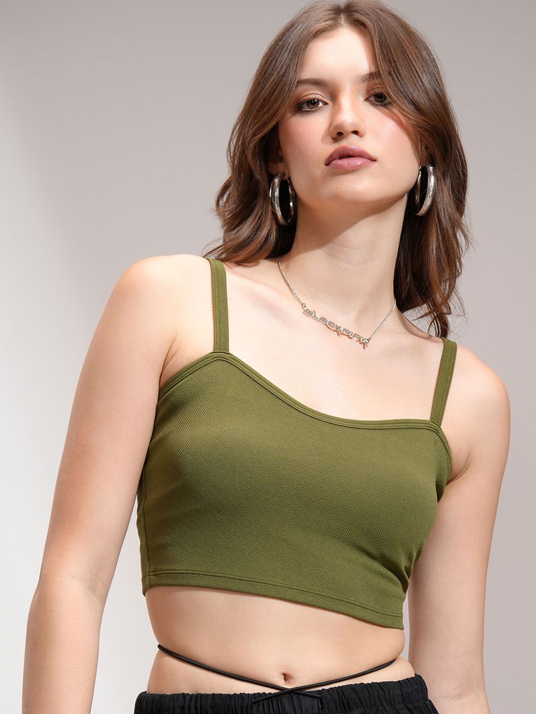 Tokyo Talkies Women Solid Shoulder Strap Crop Top