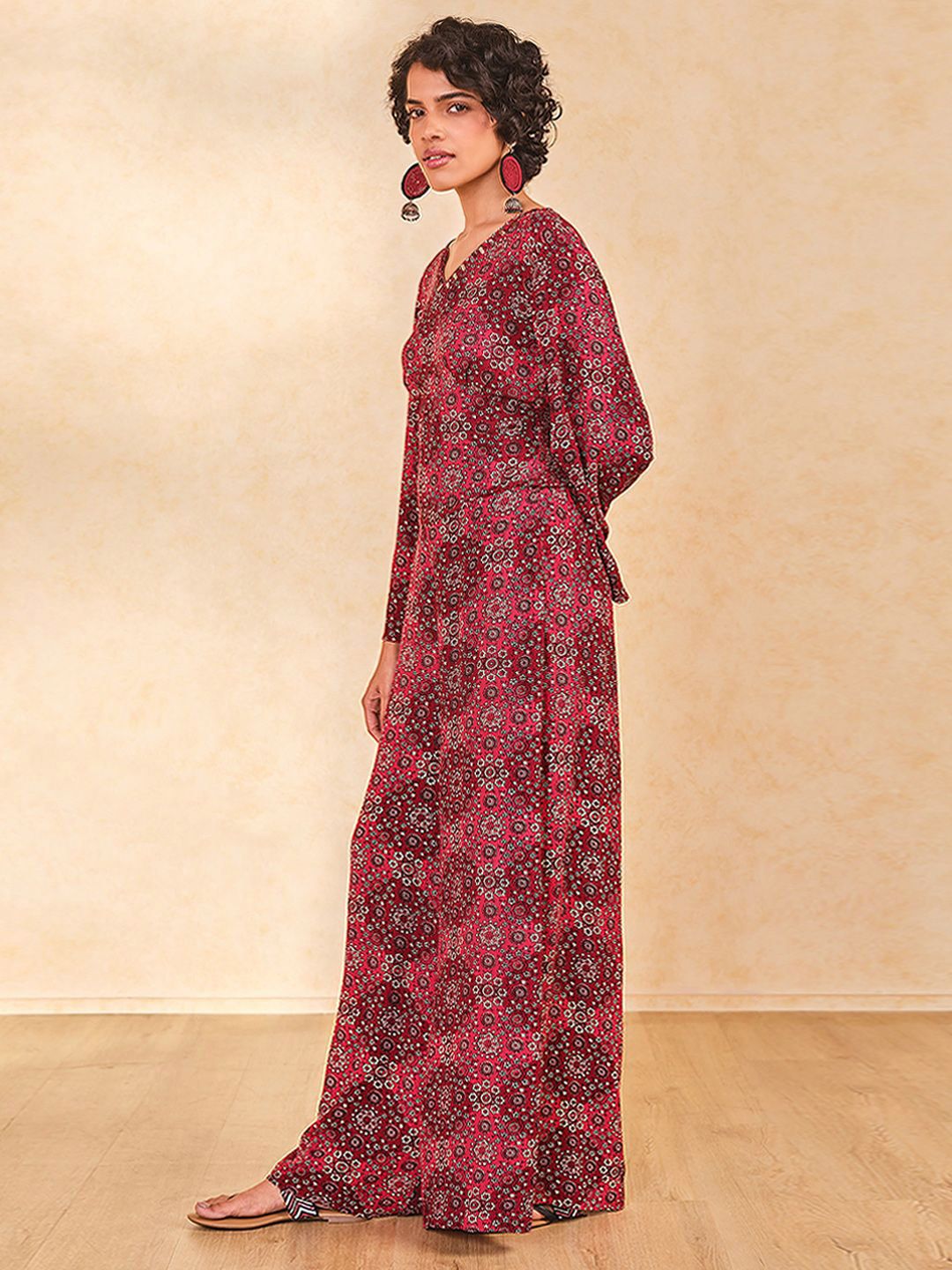 Global Desi Printed V-Neck Top With Palazzo