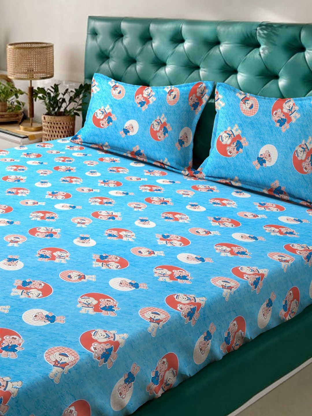 KLOTTHE Blue Cartoon Printed Fitted 400 TC Cotton King Bedsheet & 2 Pillow Covers