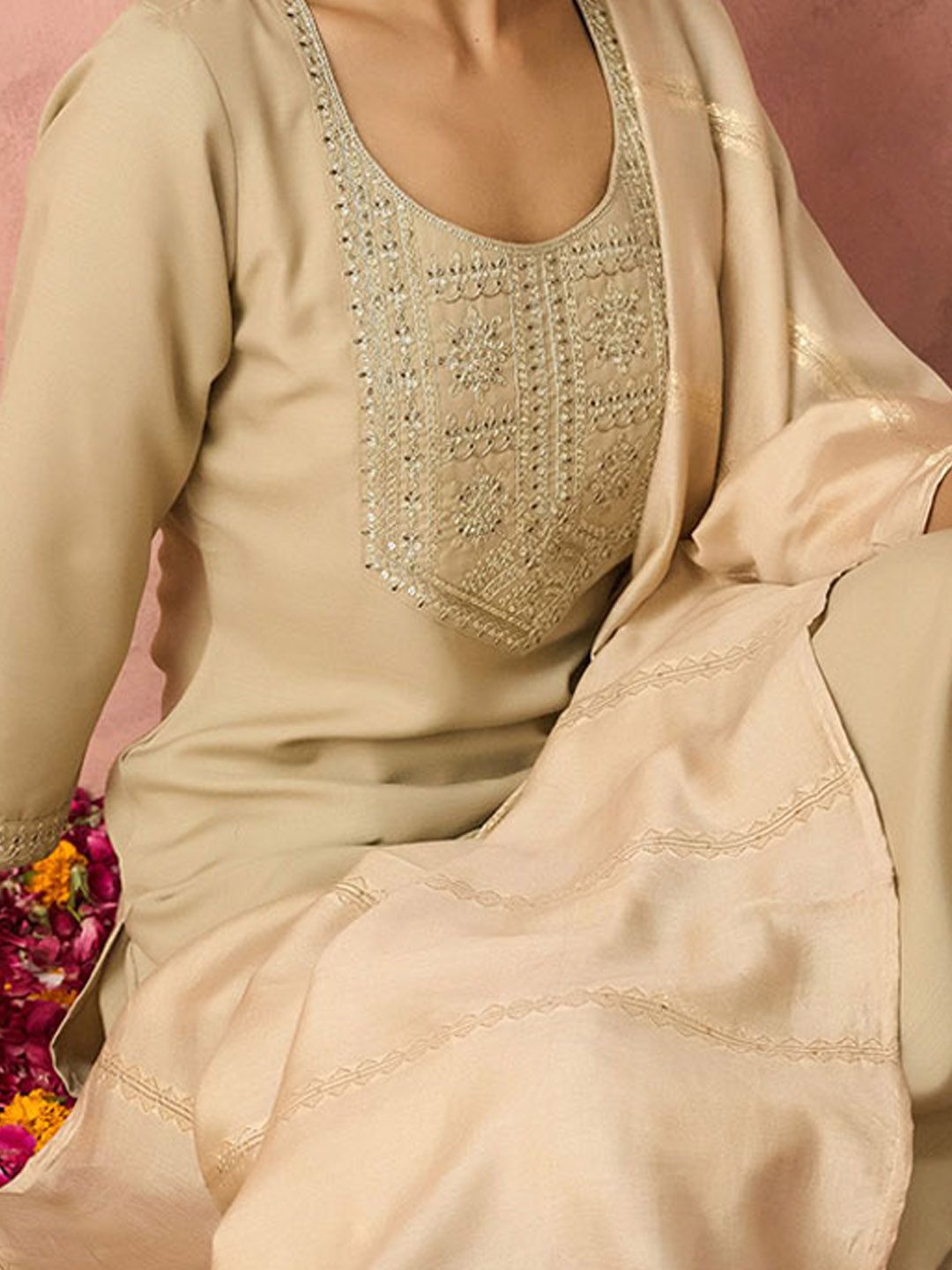 KALINI Ethnic Motifs Yoke Design Straight Thread Work Kurta with Trousers & Dupatta