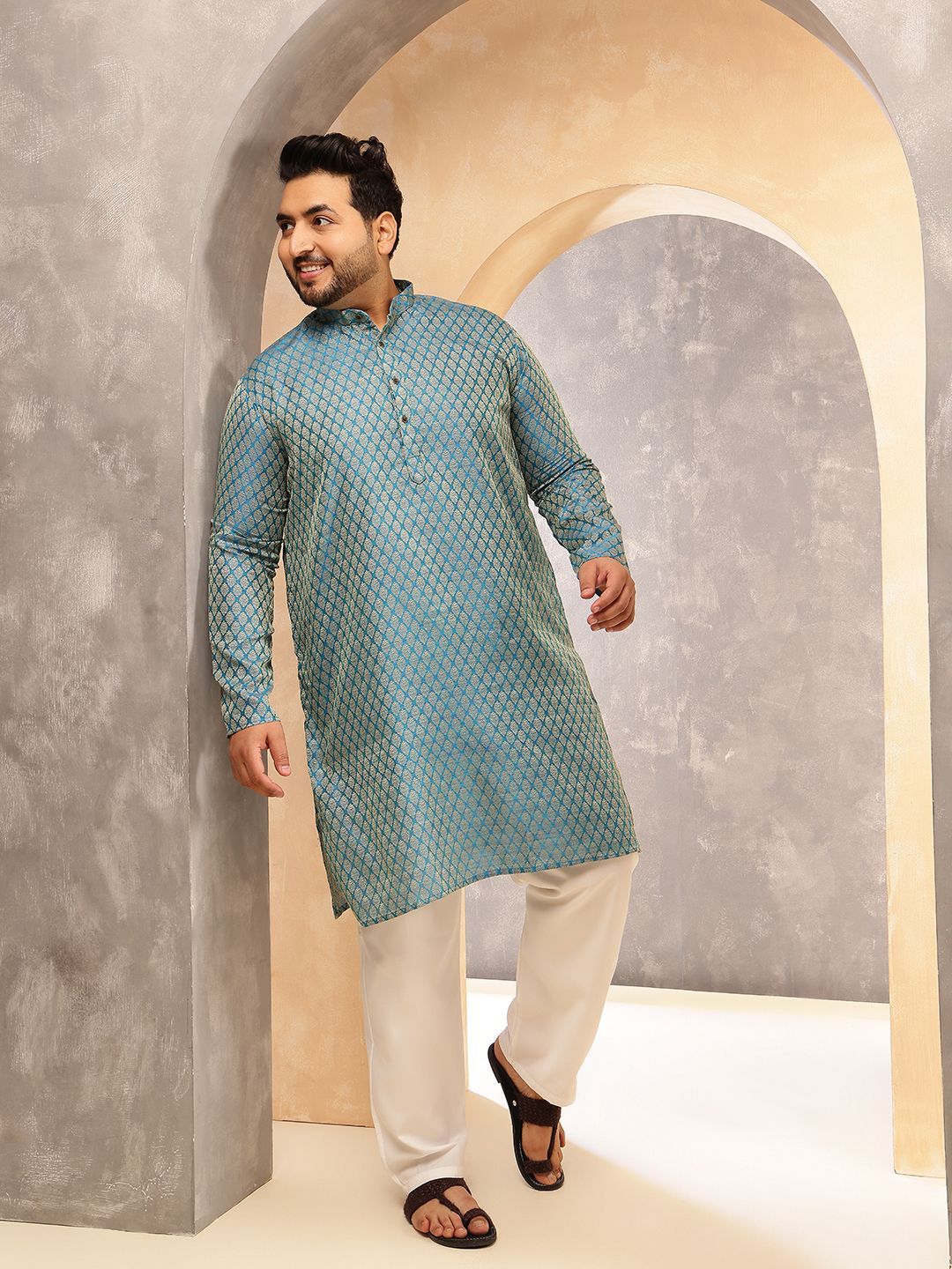 SOJANYA PLUS Men Ethnic Motifs Printed Festive Silk Straight Kurtas
