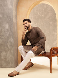 Anouk Dark Brown Embroidered Sequinned Mandarin Collar Pure Cotton Kurta With Trouser