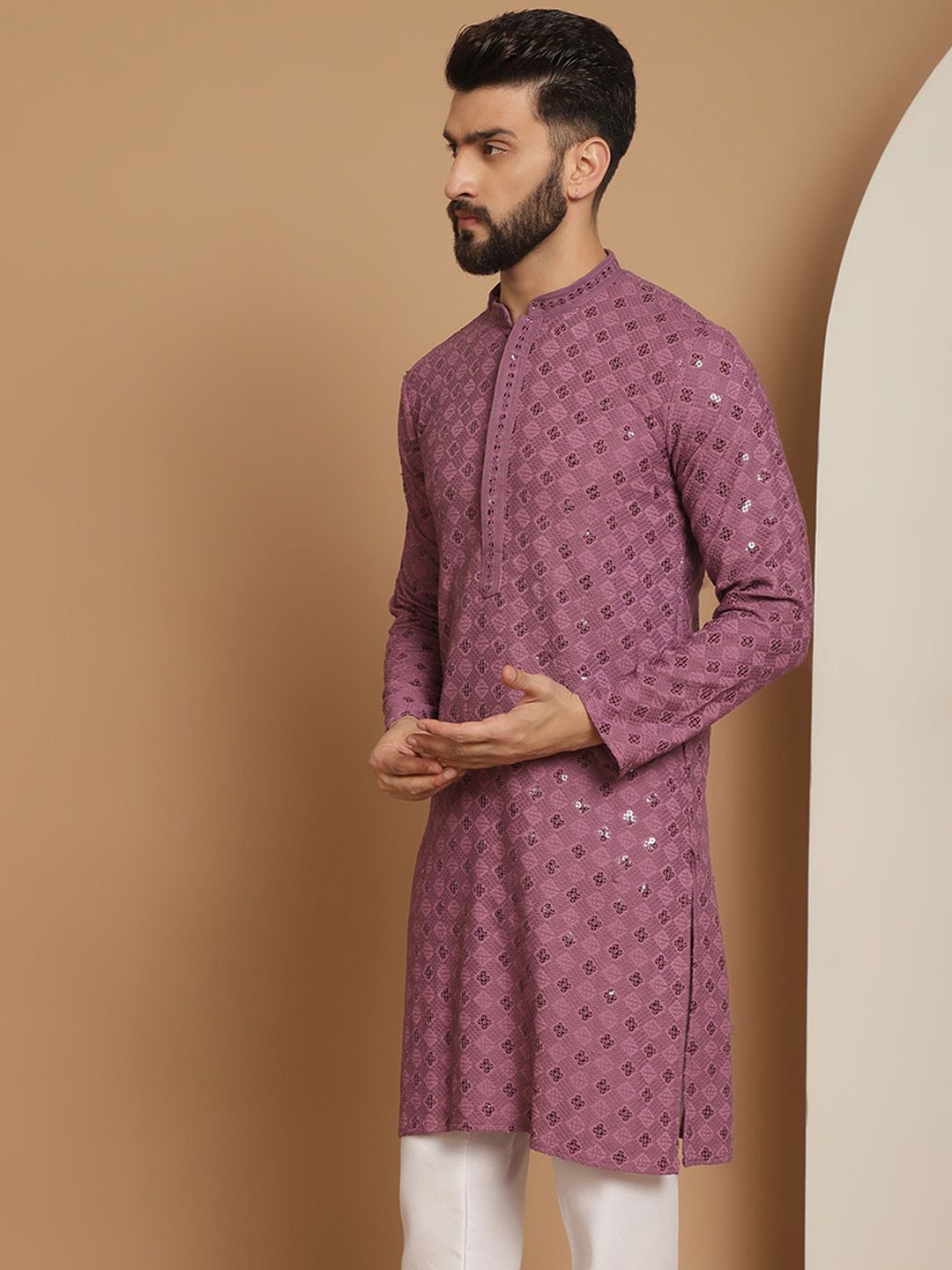 Anouk Men Purple Ethnic Motifs Flared Sleeves Thread Work Kurta