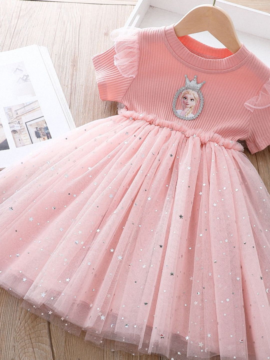YK Girls Elsa Printed Embellished Detail Fit and Flare Dress