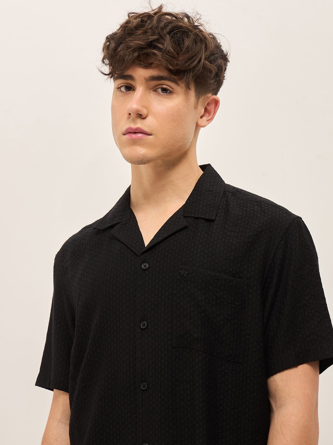 THE BEAR HOUSE Men Cuban Collar Solid Nylon Casual Shirt