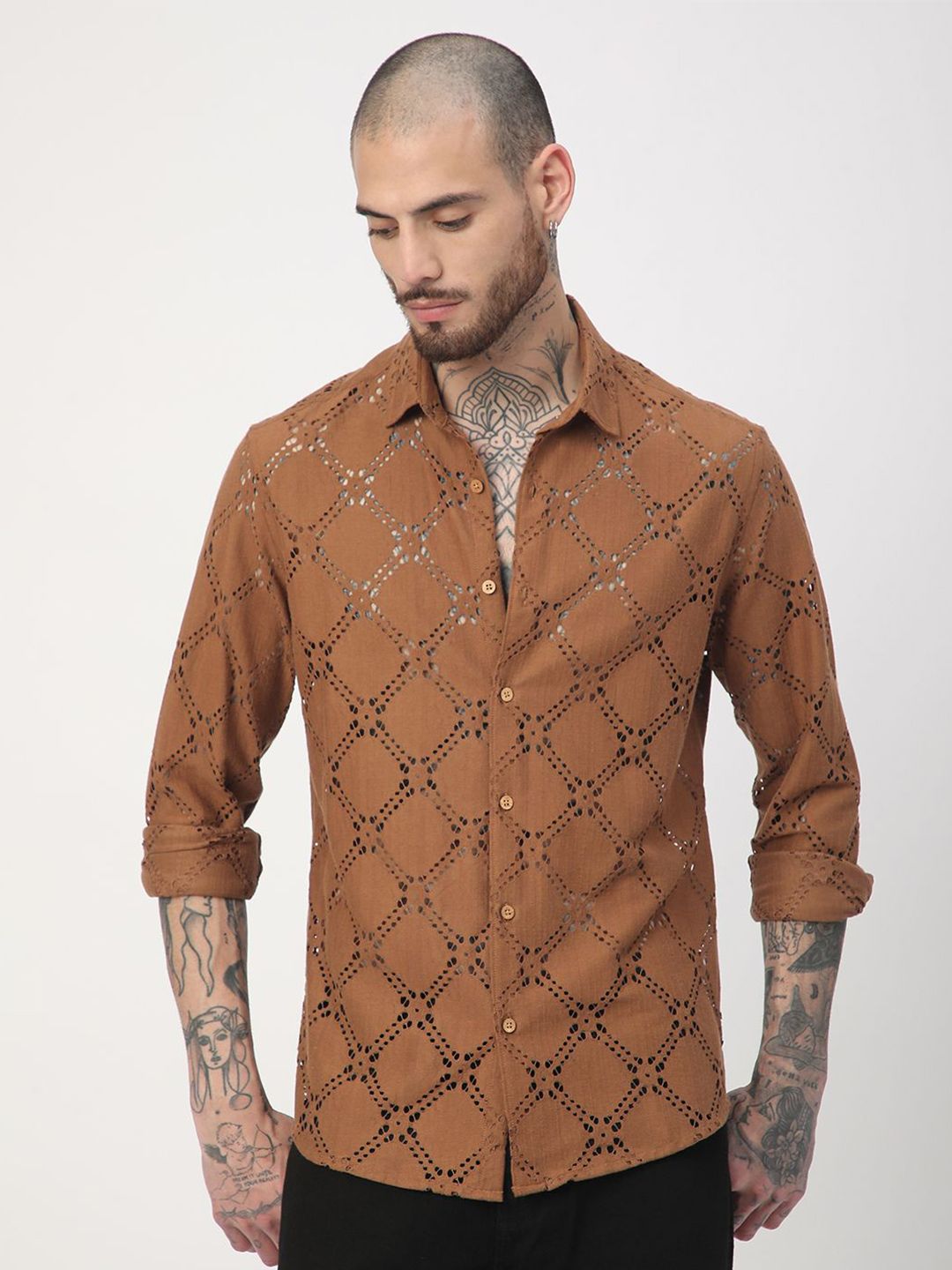 VASTRADO Men Classic Slim Fit Spread Collar Textured Cotton Casual Shirt
