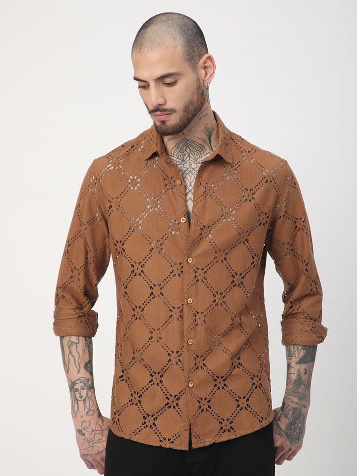 VASTRADO Men Classic Slim Fit Spread Collar Textured Cotton Casual Shirt