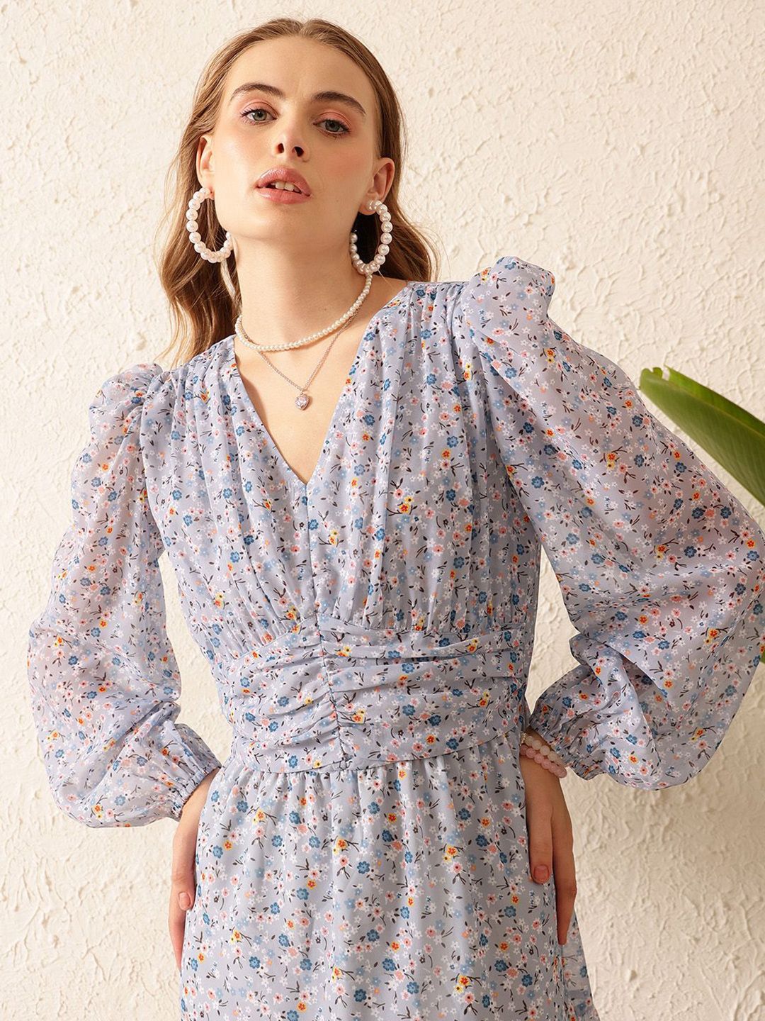 STREET 9 Print Puff Sleeves Georgette A-Line Midi Dress