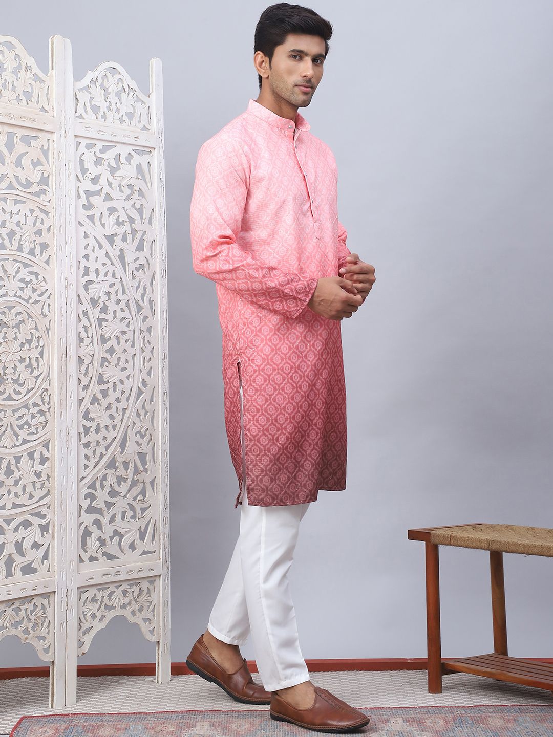 Jompers Ombre Printed Mandarin Collar Thread Work Straight Kurta With Pyjamas