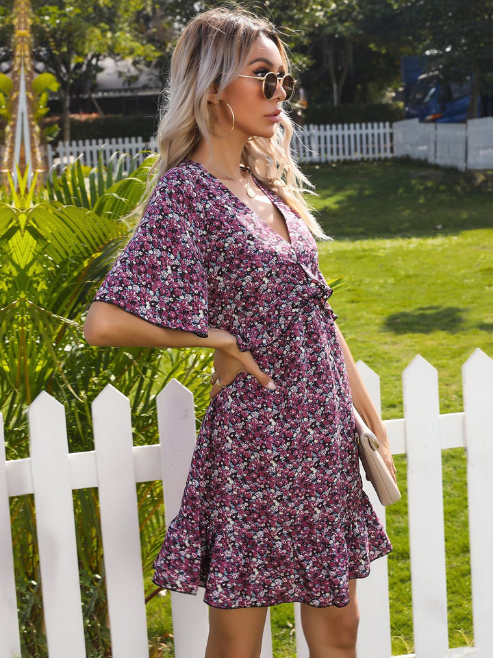 DressBerry Floral Print Cut-Out Detail Ruffled Empire Mini Dress