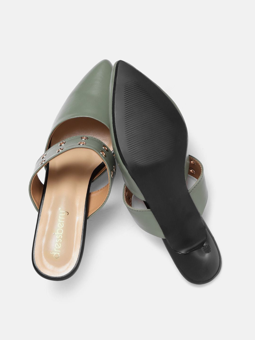 DressBerry Women Olive Green Solid Heeled Mules with Rivets Details
