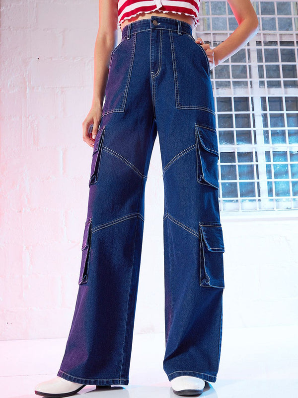 Sassafras Wanita Tinggi Rise Lurus Lurus Bersih Jeans Cargo