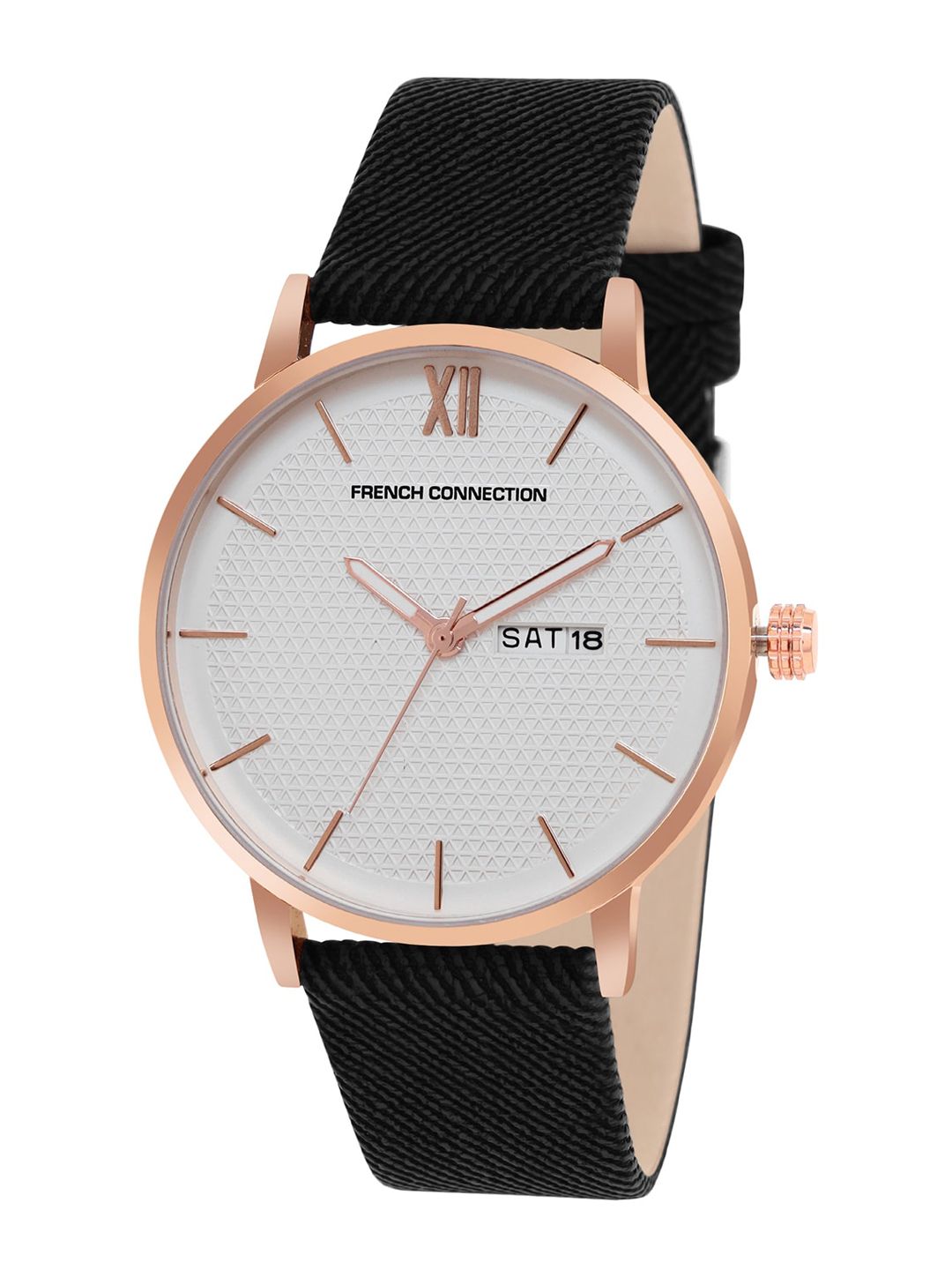 French Connection Men Rose Gold-Toned Dial & Black Leather Straps Analogue Watch