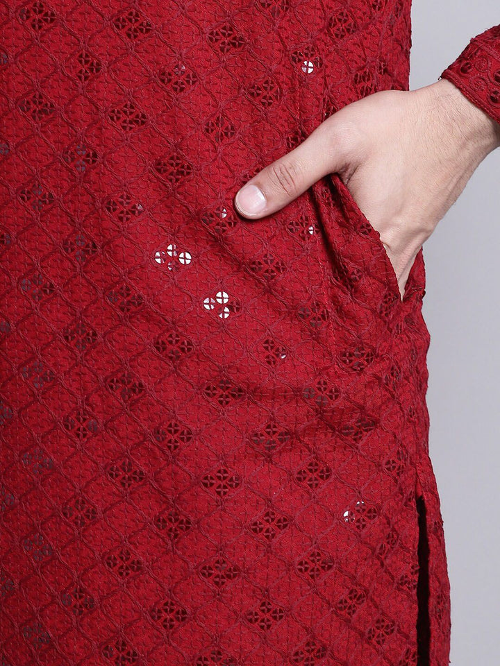SOJANYA Geometric Embroidered Sequence Mandarin Collar Pure Cotton Kurta