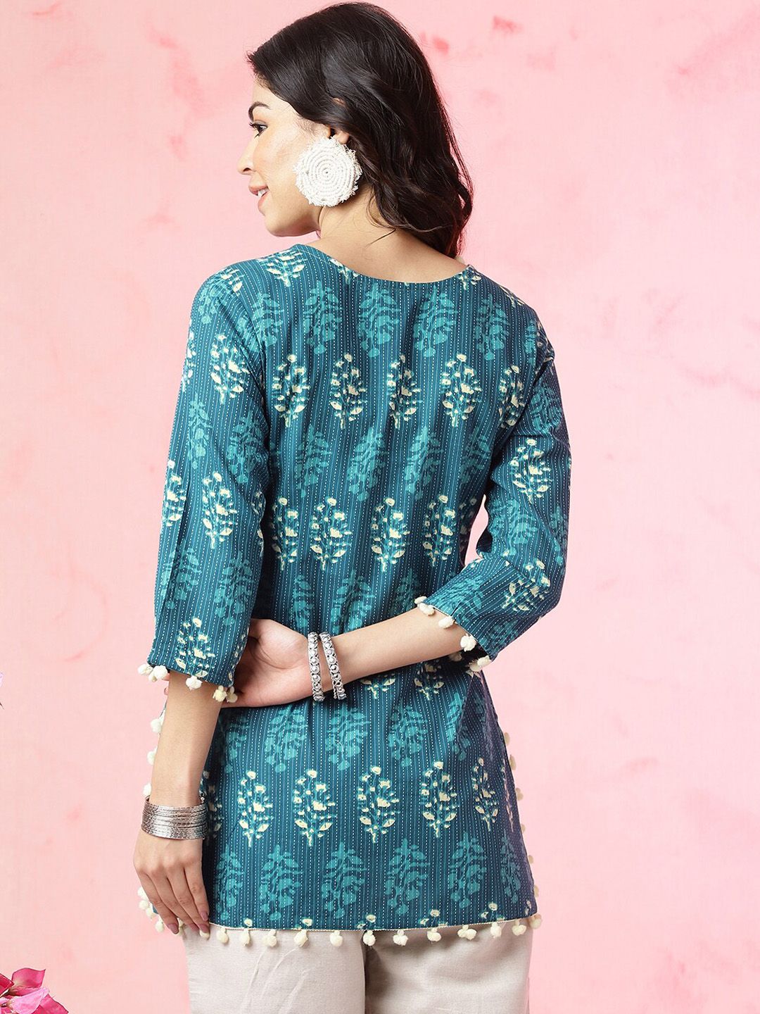 Anouk Teal Blue Ethnic Motifs Printed Pom Pom Pure Cotton Straight Short Kurti