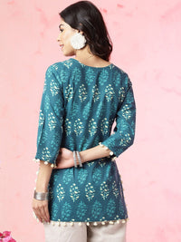 Anouk Teal Blue Ethnic Motifs Printed Pom Pom Pure Cotton Straight Short Kurti