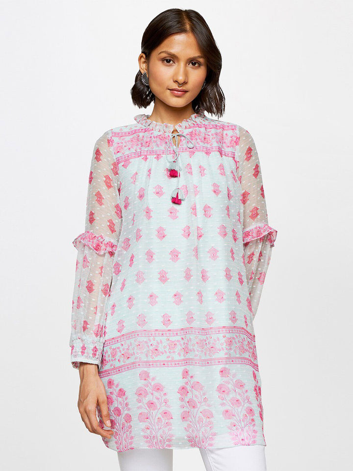 Global Desi Floral Printed Mandarin Collar Ethnic Tunic