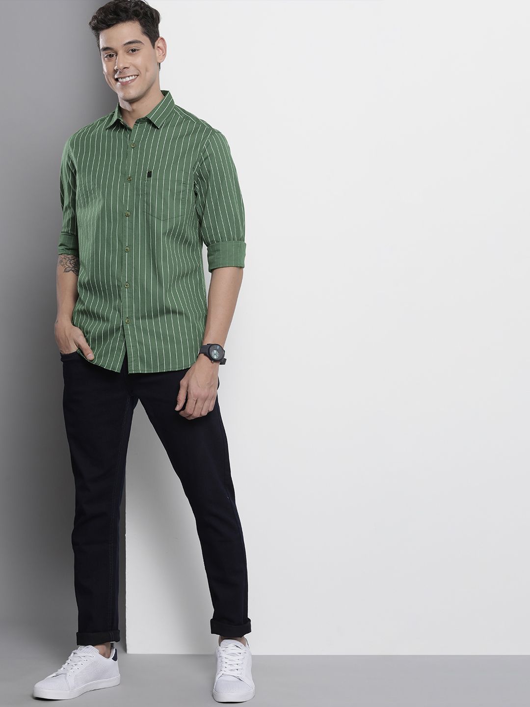 The Indian Garage Co Men Green & White Striped Cotton Casual Shirt