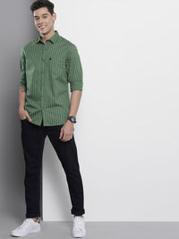 The Indian Garage Co Men Green & White Striped Cotton Casual Shirt