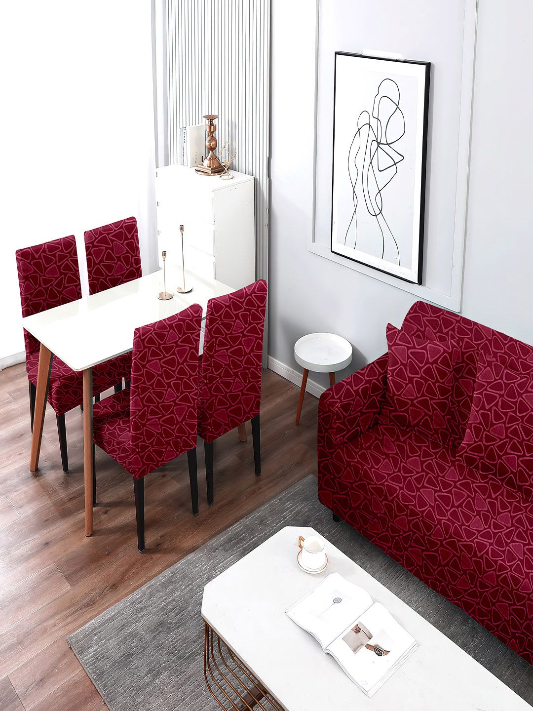 Cortina Burgundy Geometric Printed 3-Seater Sofa Covers