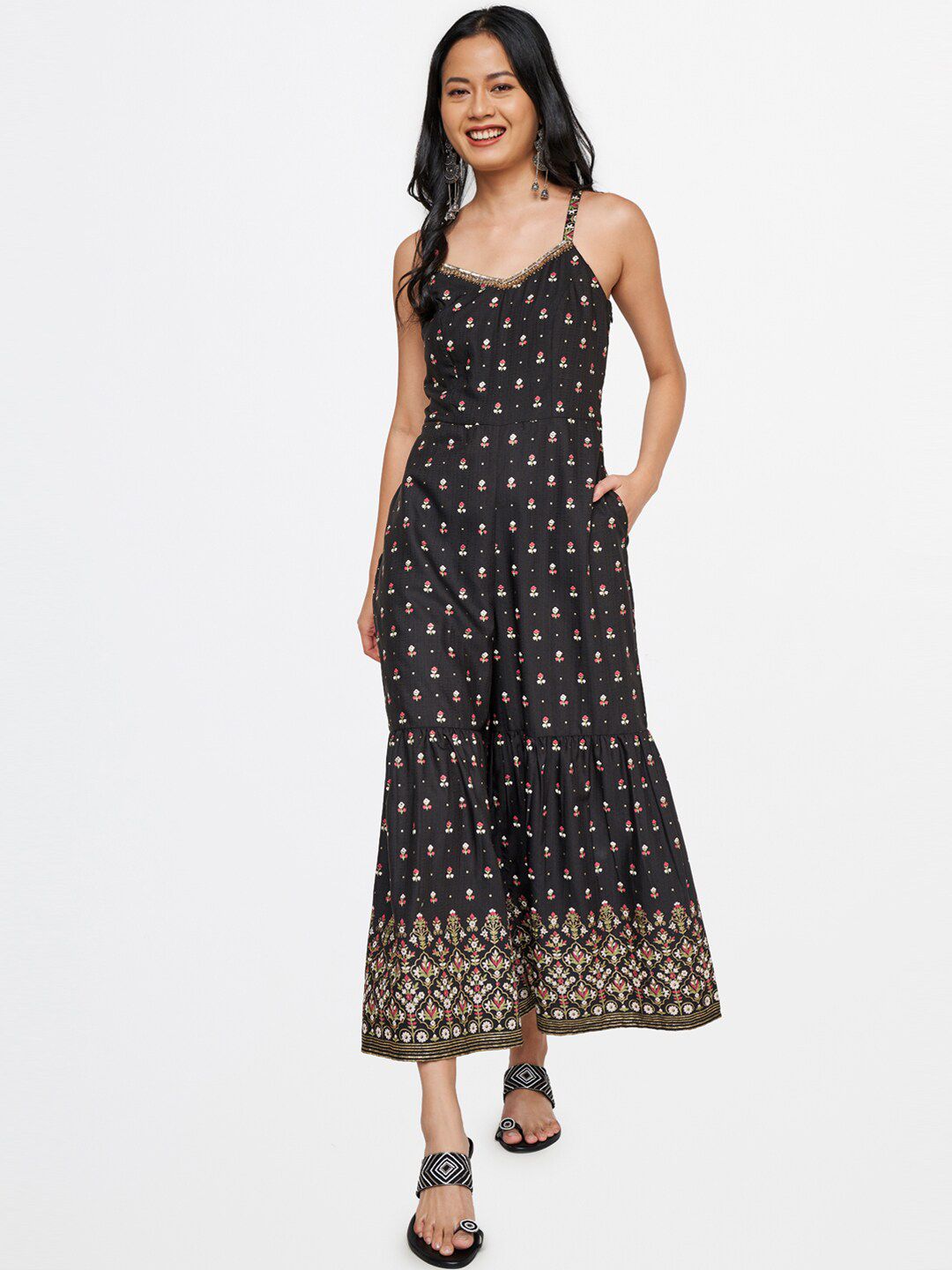 Global Desi Women Black & Gold-Toned Printed Basic Jumpsuit