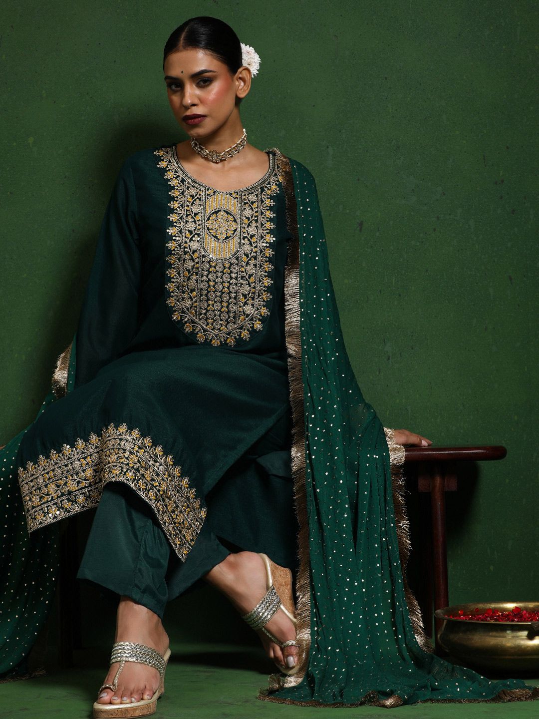 Varanga Floral Embroidered Cotton Silk Zari Work Straight Kurta With Trousers & Dupatta