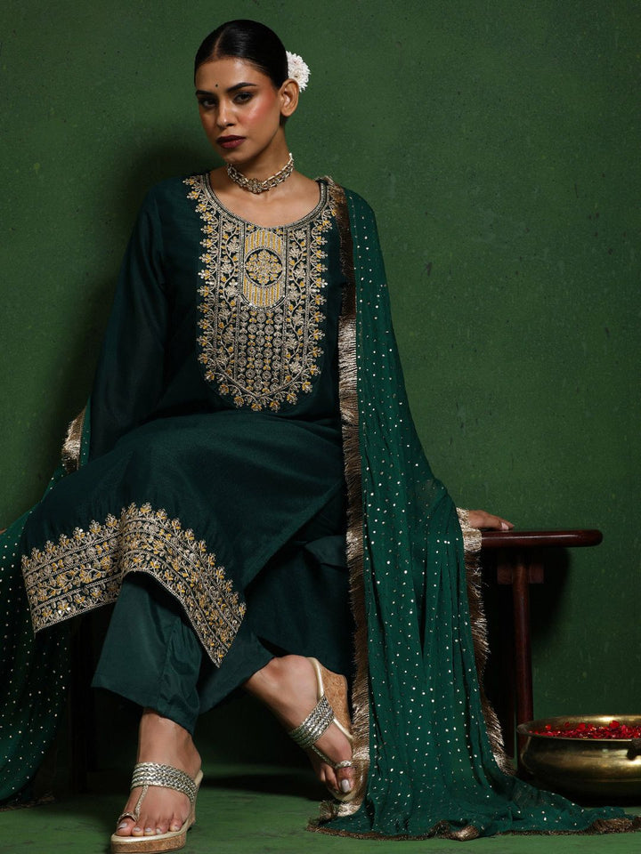 Varanga Floral Embroidered Cotton Silk Zari Work Straight Kurta With Trousers & Dupatta